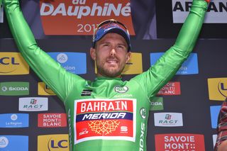 Sonny Colbrelli in the Dauphine's green jersey after stage 2