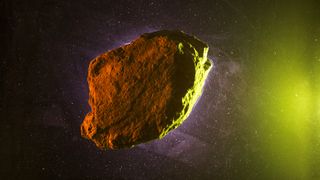Artist's illustration of an asteroid against a background of stars and a yellow glow on the righthand side of the image.
