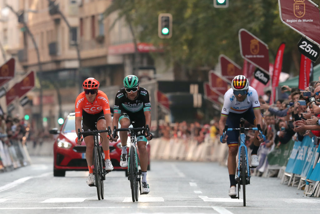 MURCIA SPAIN FEBRUARY 15 Arrival Alejandro Valverde Belmonte of Spain and Movistar Team Felix Grobschartner of Austria and Team Bora Hansgrohe Matteo Trentin of Italy and CCC Team during the 40th Vuelta a Murcia 2020 Stage 2 a 1796km stage from Santomera to Murcia LVM VueltaMurcia on February 15 2020 in Murcia Spain Photo by Gonzalo Arroyo MorenoGetty Images