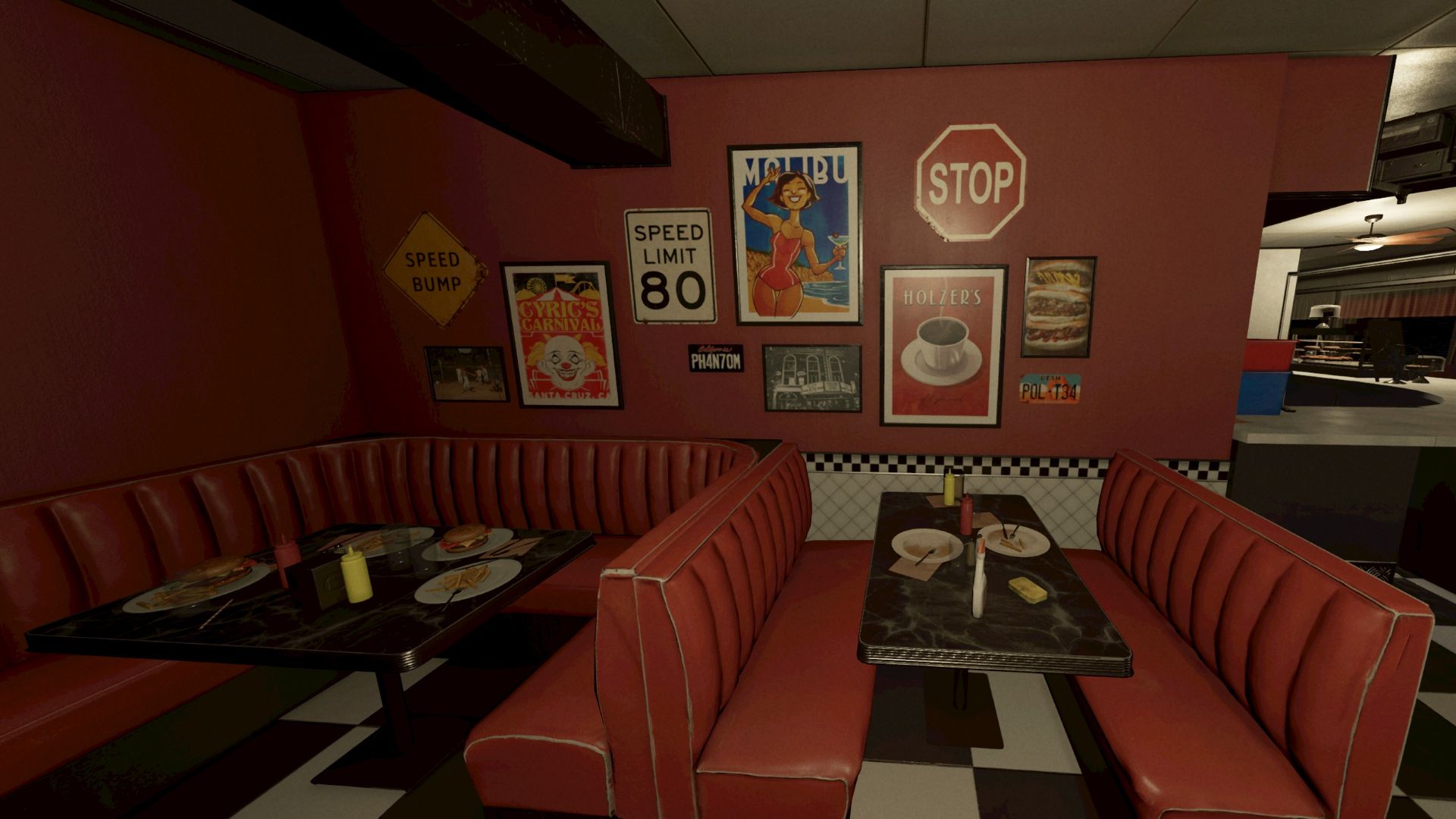A diner featuring red booths, abandoned half-eaten food, and an array of wall decorations like license plates and posters