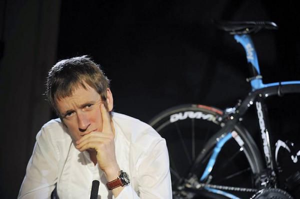 Bradley Wiggins ponders a question at the Team Sky press conference.