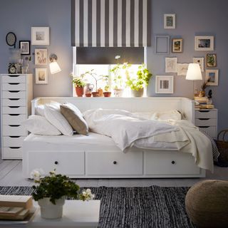 bed with drawers and plants