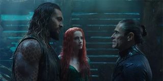 Aquaman (Jason Momoa), Mera (Amber Heard) and Vulko (Willem Dafoe) talk in Aquaman 2018