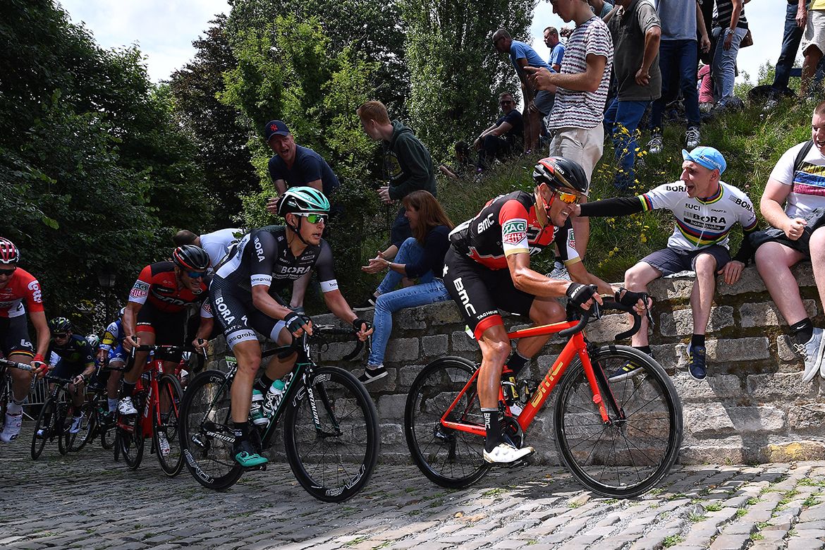 Greg Van Avermaet driving up the Muur van Geraardsbergen on stage 7 of the BinckBank Tour