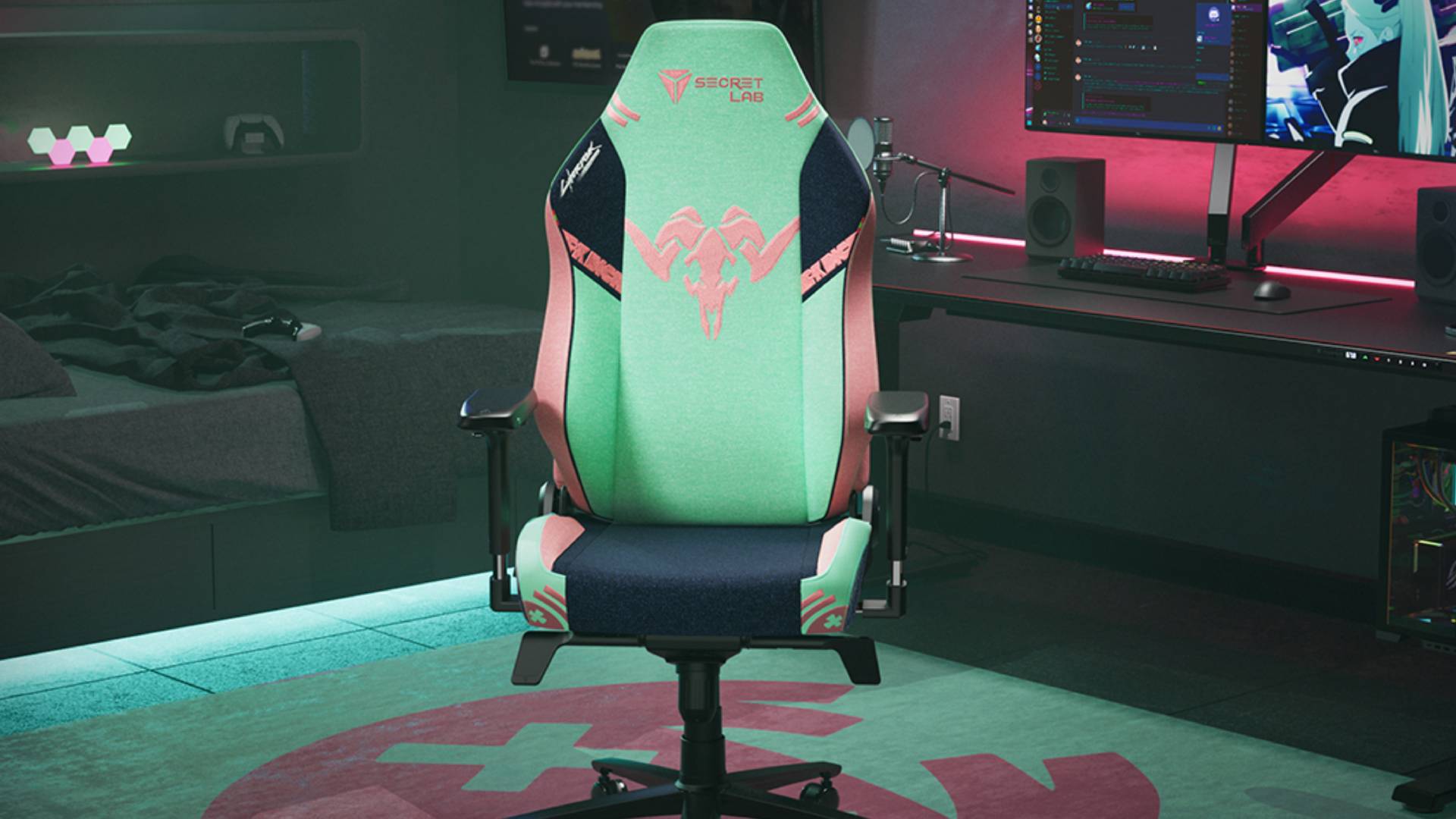 Official promo image of the Rebecca Edition Secretlab skin, featuring a gaming chair sitting in the middle of a room.