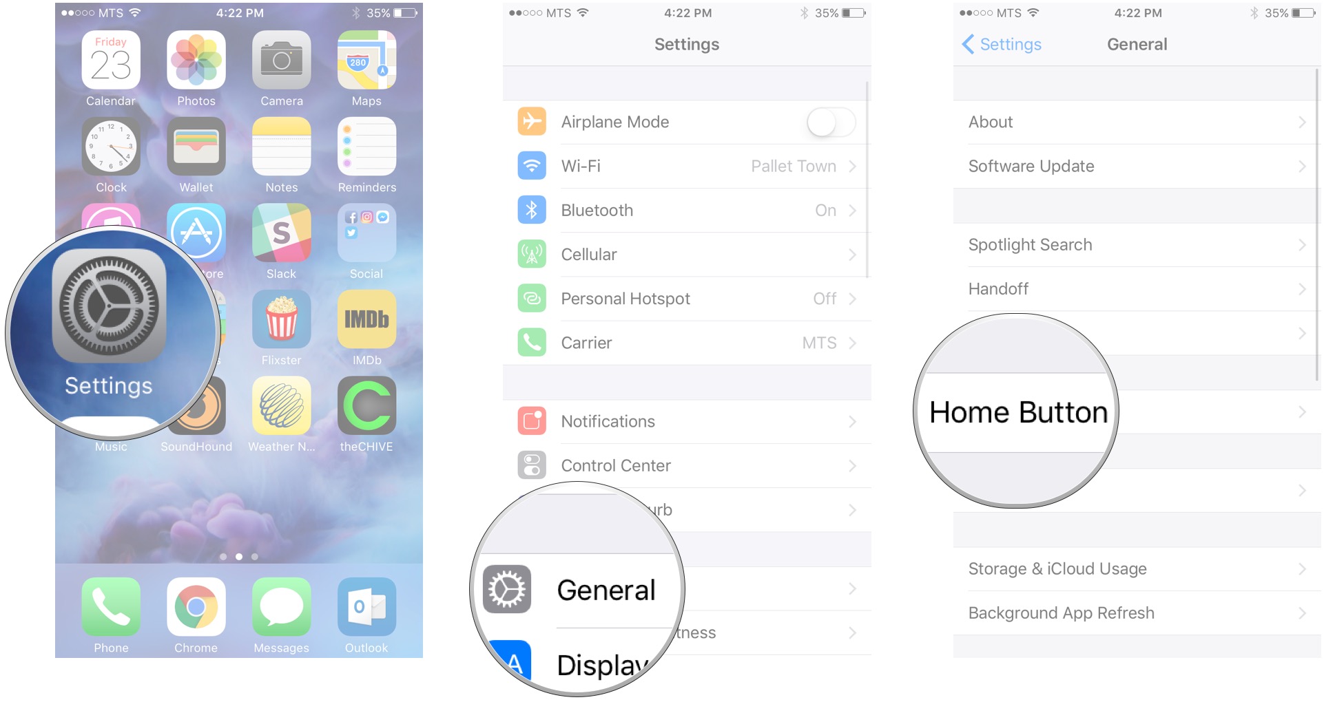 Launch Settings, tap General, tap Home Button
