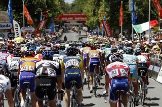 The Santos Tour Down Under peloton in action during stage 1.