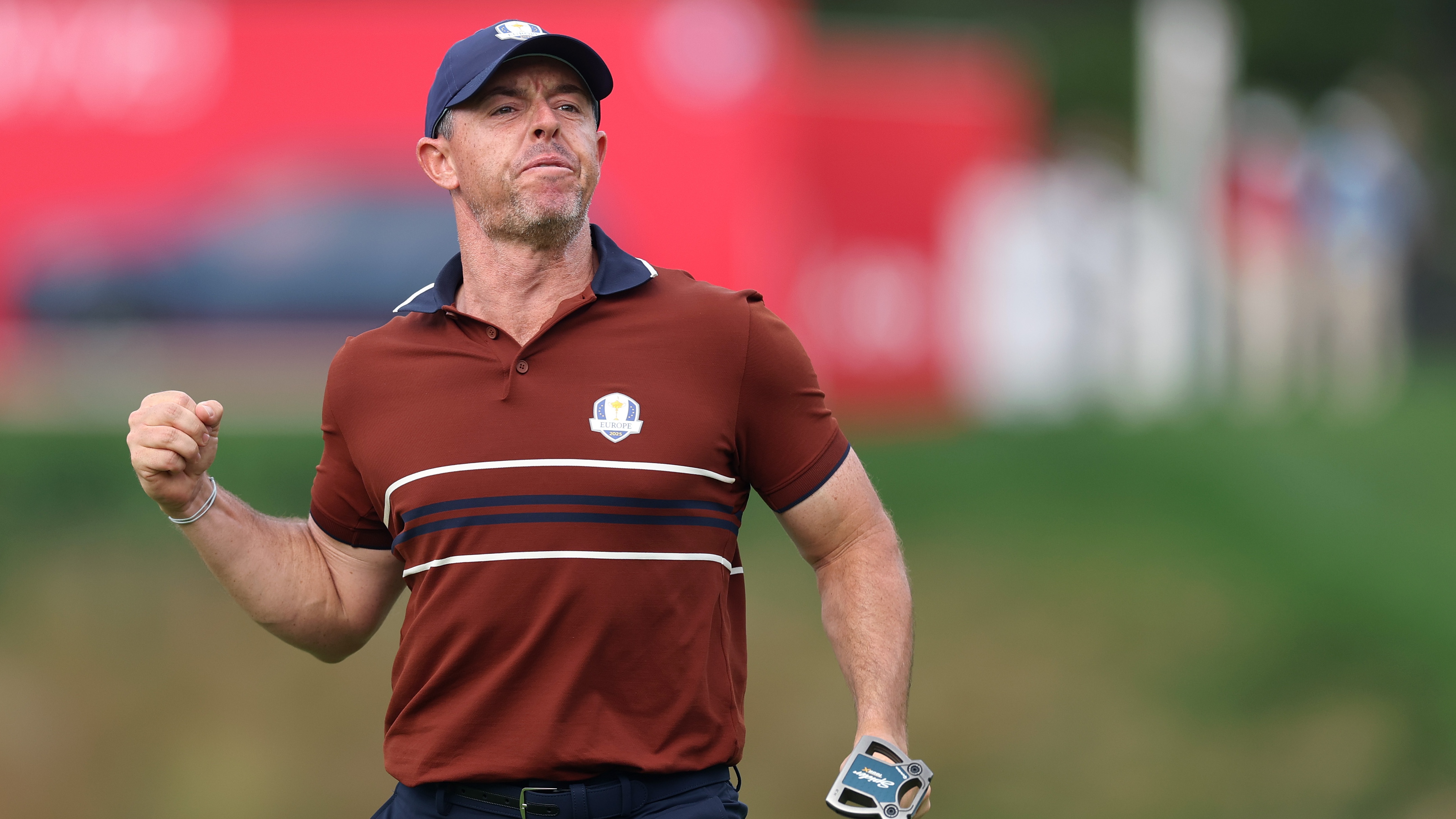 McIlroy celebrating winning the 14th hole on the fourballs on day 2 of the Ryder Cup 2025.