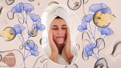 A woman having an at home facial on a floral illustrated background