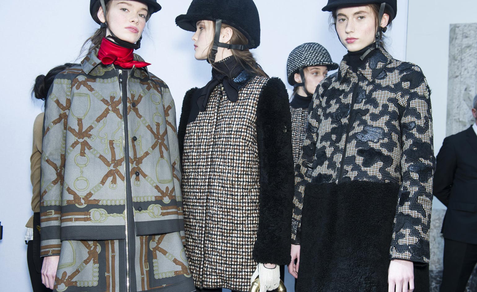 Female models backstage for Moncler Gamme Rouge A/W 2015 modelling the posh equestrian themed collection