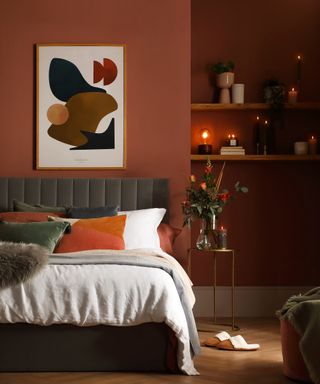 Astor Grey Velvet Bed in a brown bedroom - AW21 - Furniture and Choice
