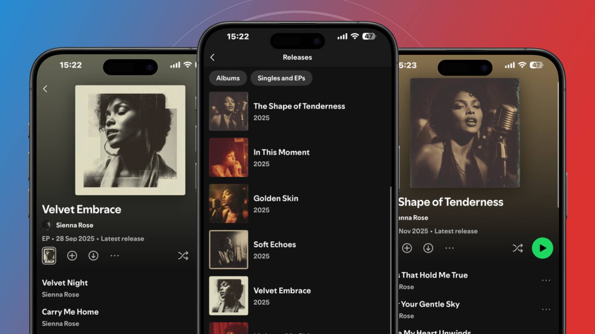 Three smartphones showing the discography of AI artist Sienna Rose in Spotify