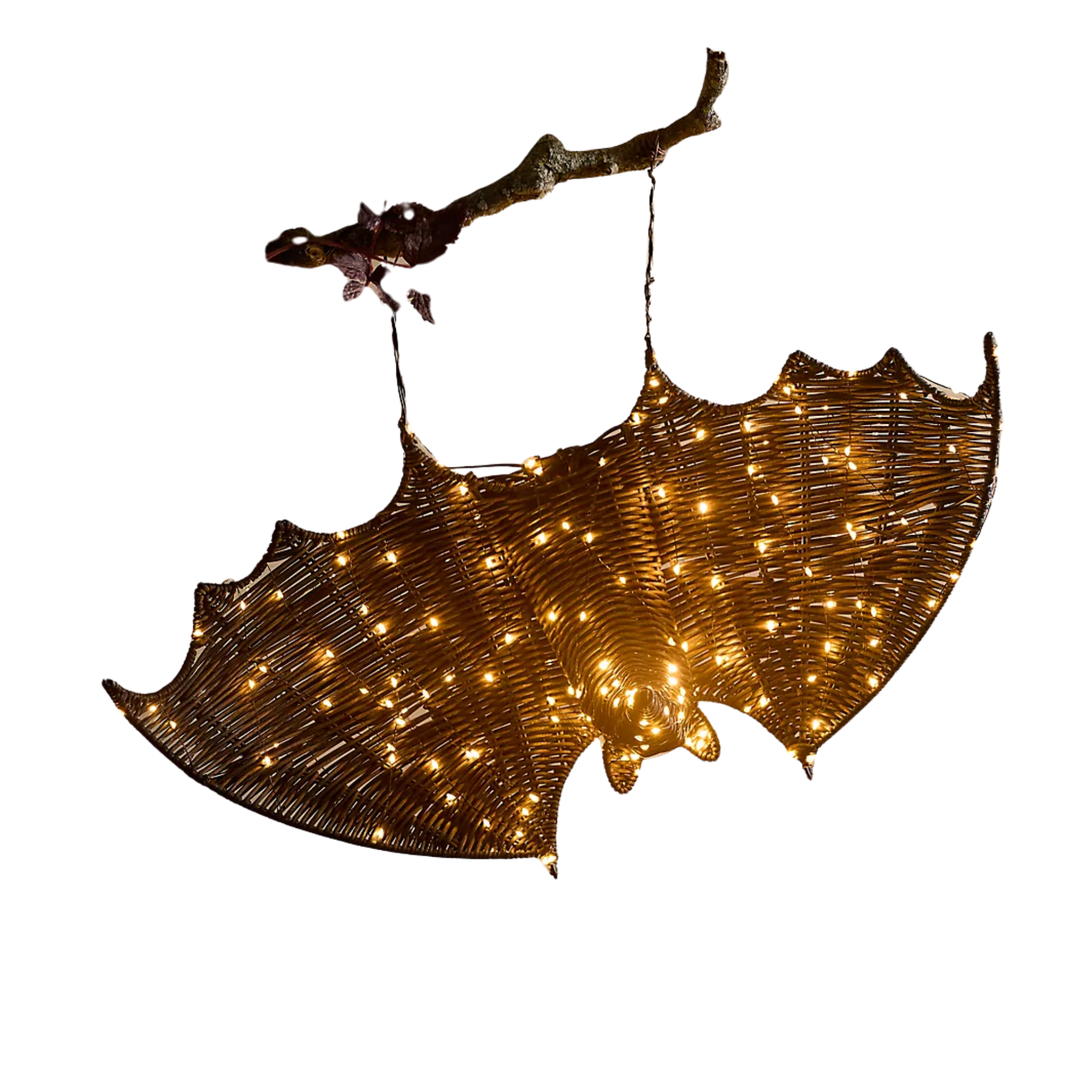 a bat made with woven rattan and string lights