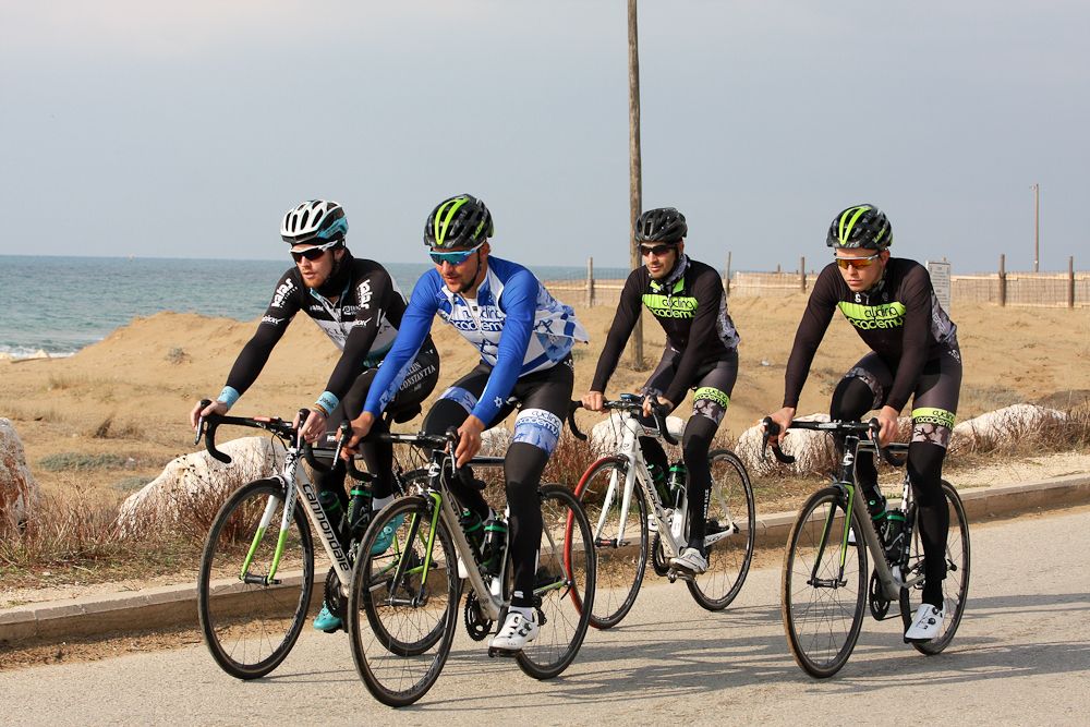 Riders end a day of training along the Mediterranean coast.