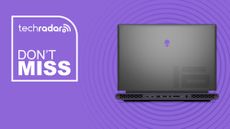 Alienware M16 gaming laptop on purple background with don't miss text overlay