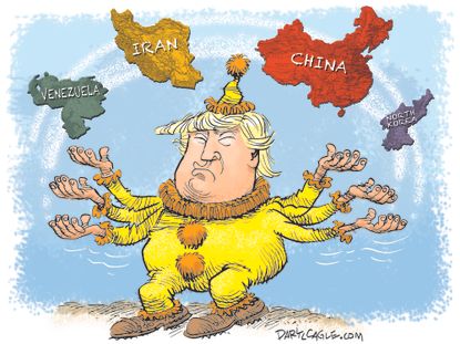 Political Cartoon U.S. Trump clown Iran Venezuela China North Korea world maps
