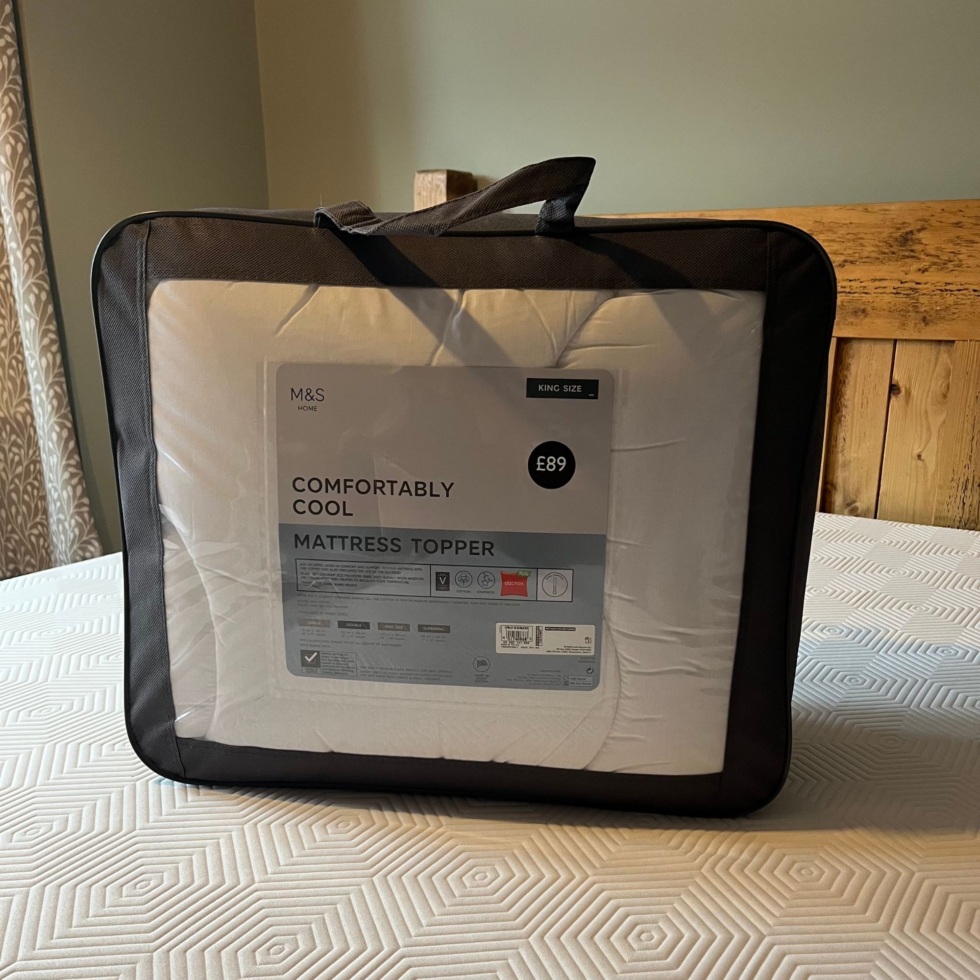 M&amp;amp;S Comfortably Cool Mattress Topper in packaging on bed