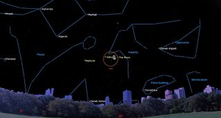 June 2024 night sky map showing the moon sitting to the right of Saturn on June 27.