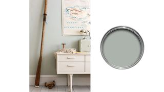 Farrow & Ball Light Blue used in a kid's bedroom, with a pot of paint next to it