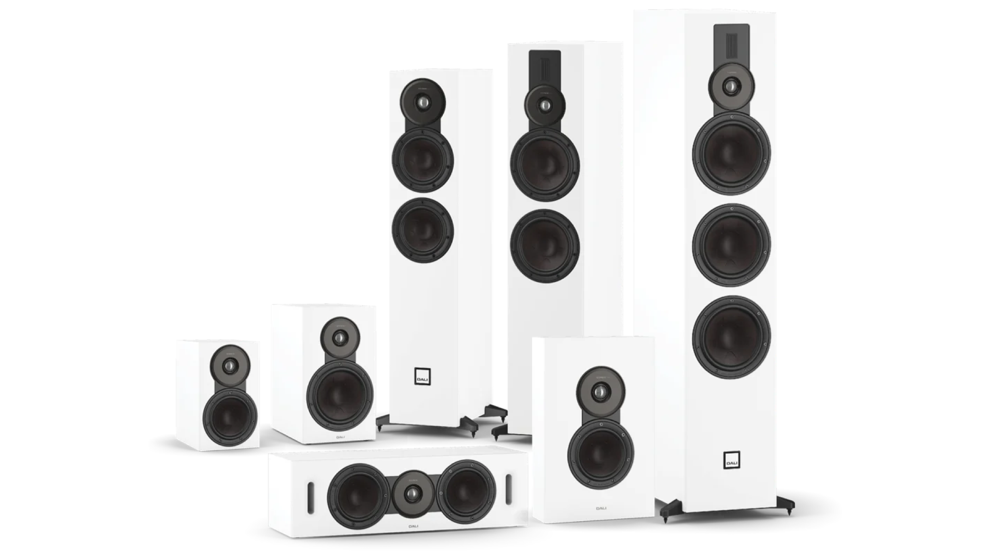 All the Dali Sonik speakers, in white finishes on a white background