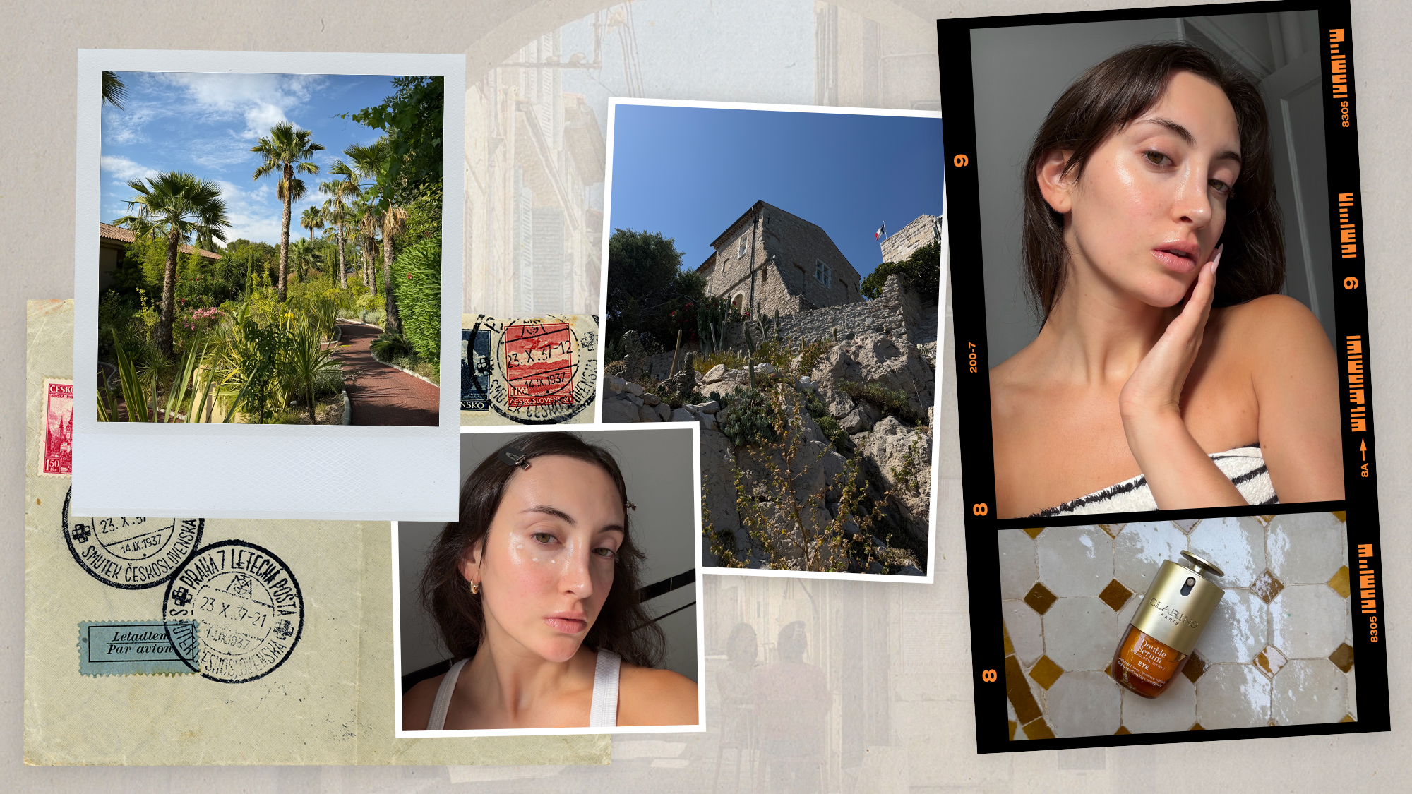 A collage of Who What Wear associate beauty editor Alyssa Brascia wearing the Clarins Double Eye Serum in France and NYC.