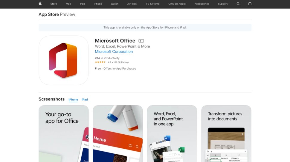 Website screenshot for Microsoft Office in the Apple App Store.