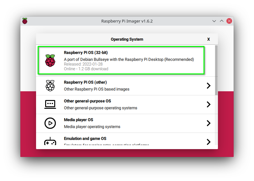 Screenshots of Raspberry Pi Imager