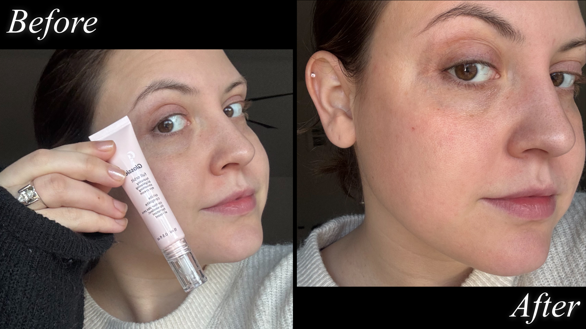 Contributing beauty writer Sophia Vilensky before and after testing Glossier&#039;s eye cream.