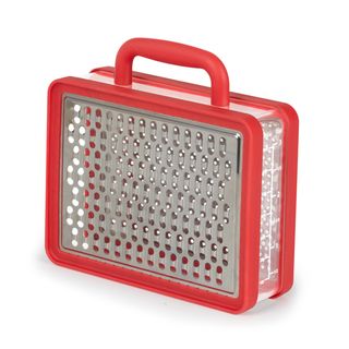 two graters with plastic storage body and white background