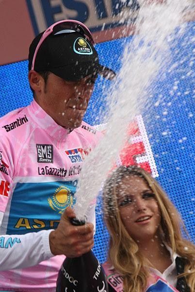 Contador celebrated day three in pink with a big bottle of champagne.