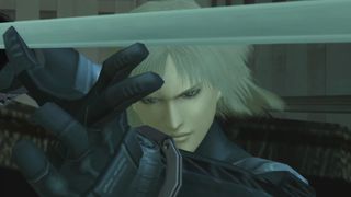 A front-on image of Raiden holding a sword from Metal Gear Solid 2