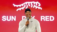 Tiger Woods at the press conference to announce the launch of his Sun Day Red brand