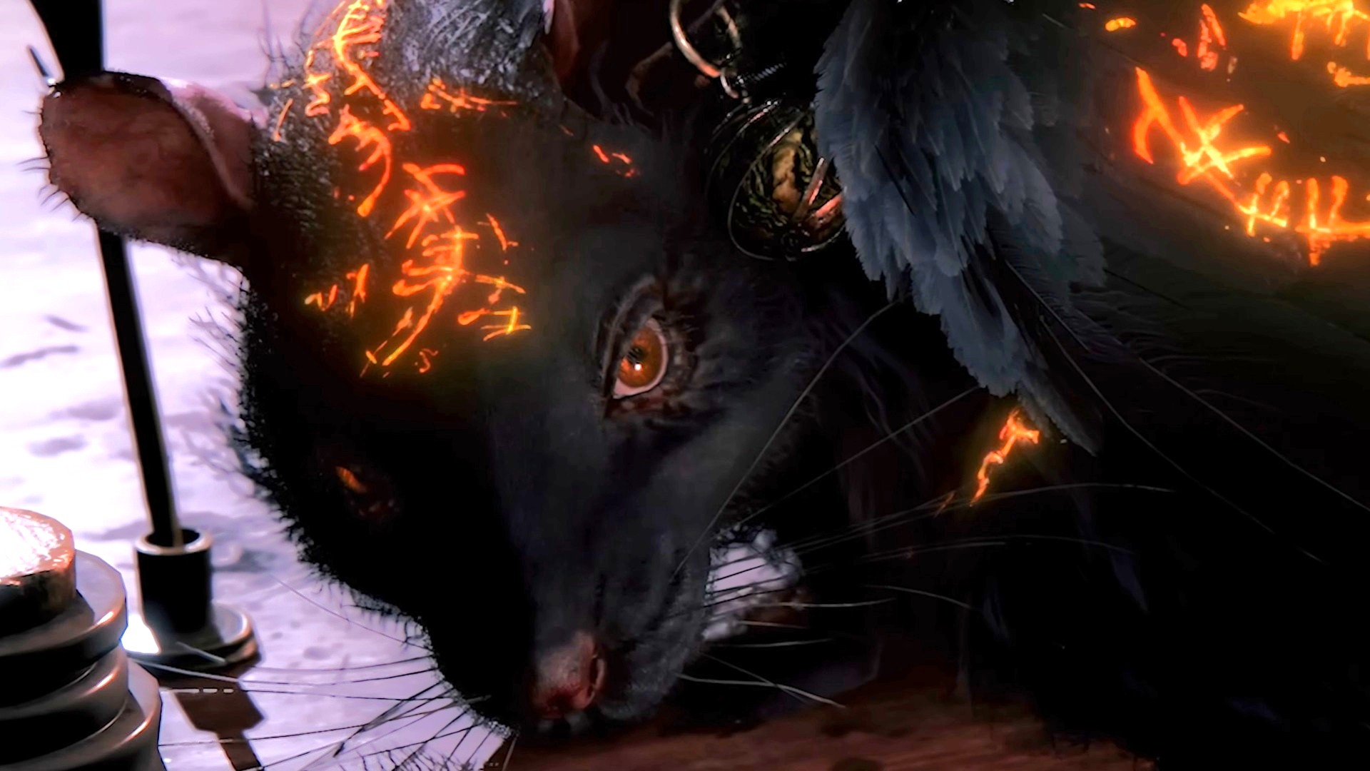 Rat from Duskbloods trailer with glowing tattoos.