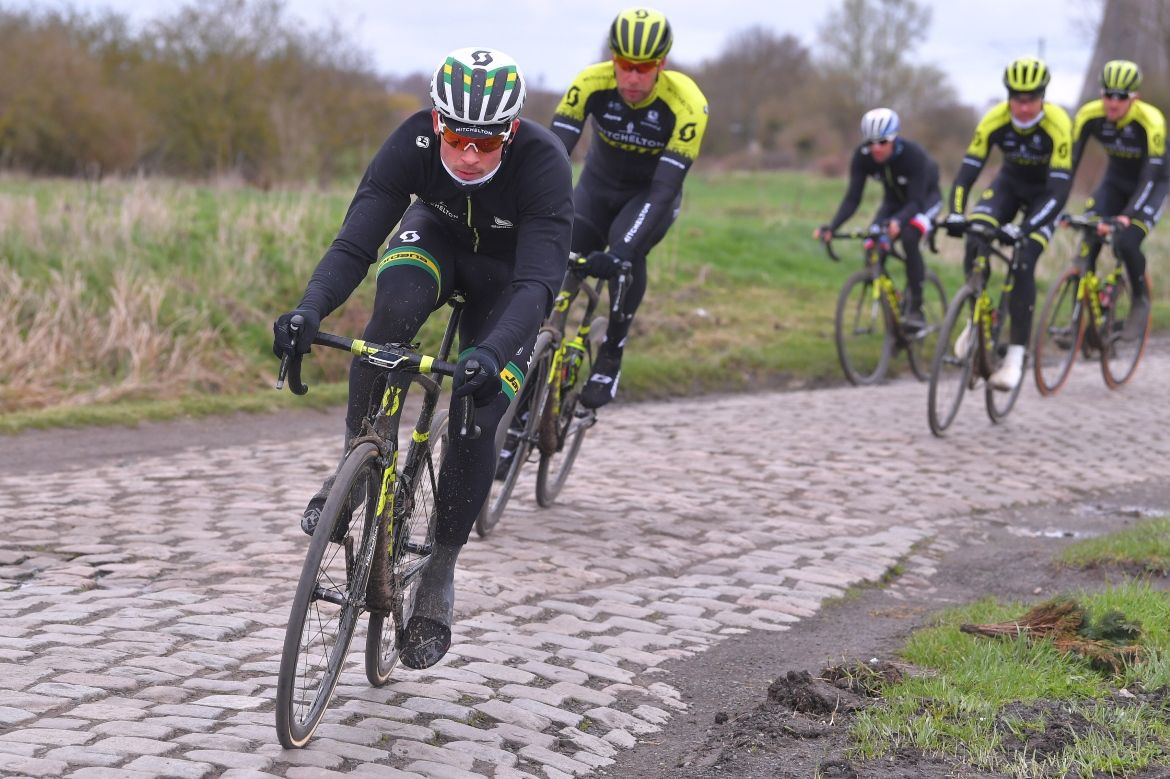 Alex Edmondson leads his Mitchelton-Scott team around the Paris-Roubaix route
