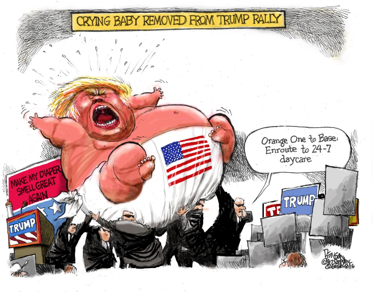 Political cartoon U.S. Donald Trump crying baby rally