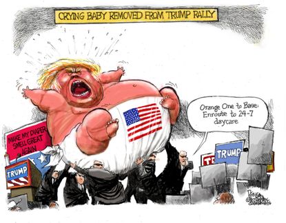 Political cartoon U.S. Donald Trump crying baby rally
