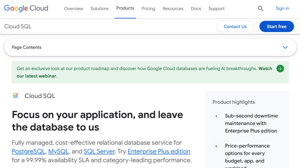 Google Cloud SQL website screenshot (May 2025).