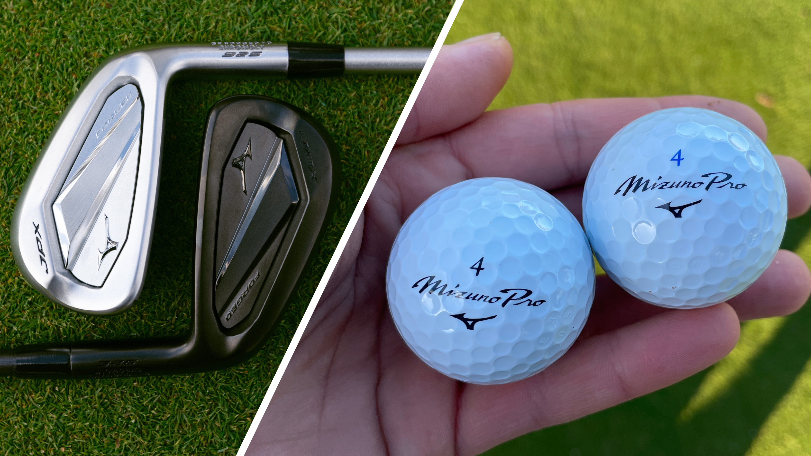 Two Mizuno JPX 925 Forged irons and two Mizuno golf balls in-hand