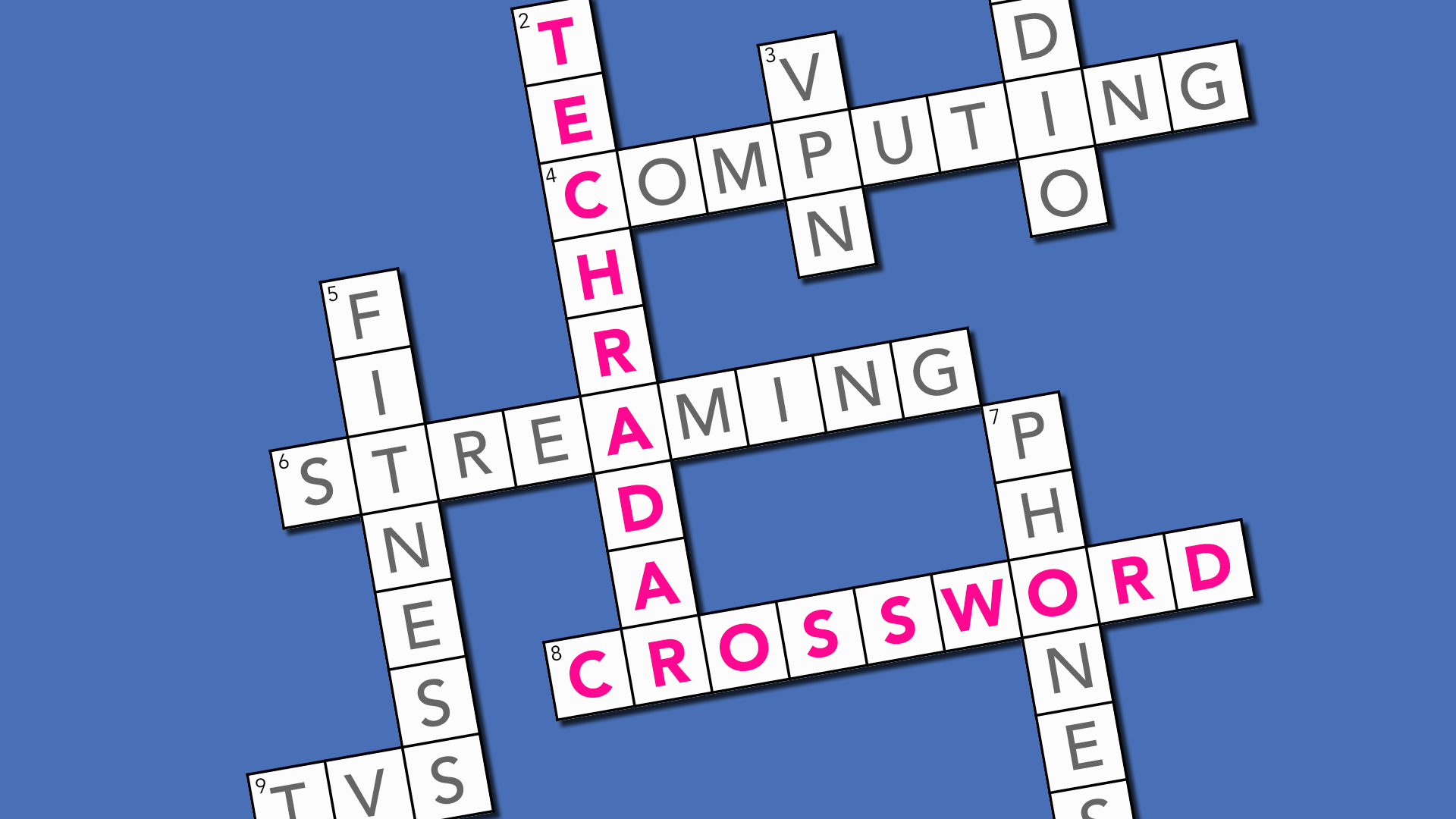 A crossword puzzle with the words TechRadar Crossword in pink and other clues filled in with categories from across the site