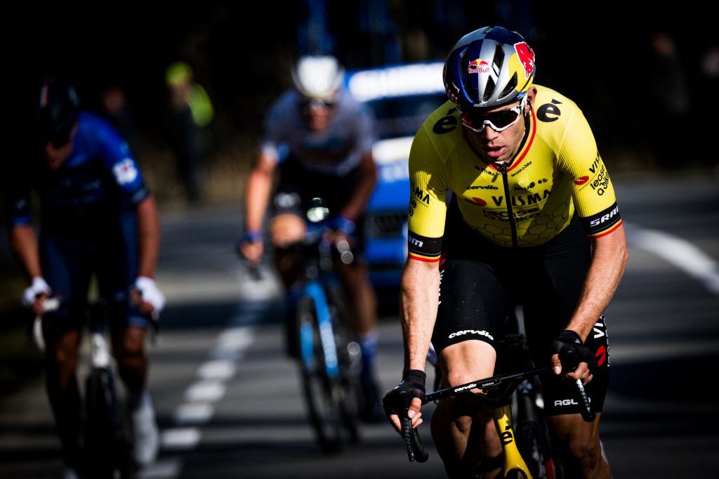 Belgian Wout van Aert of Team Visma-Lease a Bike pictured in action during the Kuurne-Brussels-Kuurne one day cycling race, 196,4 km from Kuurne to Kuurne via Brussels, Sunday 25 February 2024. BELGA PHOTO JASPER JACOBS (Photo by JASPER JACOBS / BELGA MAG / Belga via AFP)