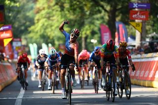 Dutch Karlijn Swinkels of UAE Team ADQ pictured in action at the finish line of the one day cycling race Grand Prix de Wallonie 2024 (202,3 km), from Blegny to the Citadelle de Namur, in Namur, on Wednesday 18 September 2024.
BELGA PHOTO DAVID PINTENS (Photo by DAVID PINTENS / BELGA MAG / Belga via AFP)