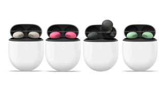 A line of four pairs of Google Pixel Buds Pro 2 in their charging cases. The earbuds are in four different colours: pink, grey, black and green.