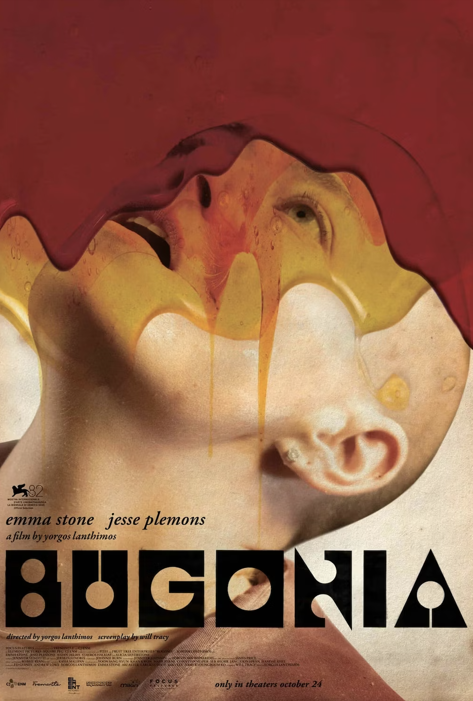 A surreal poster featuring a close-up of a person's face looking upward as a thick, honey-like liquid and a red organic shape drip over their features.