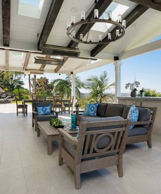 porcelain patio with furniture and chandelier