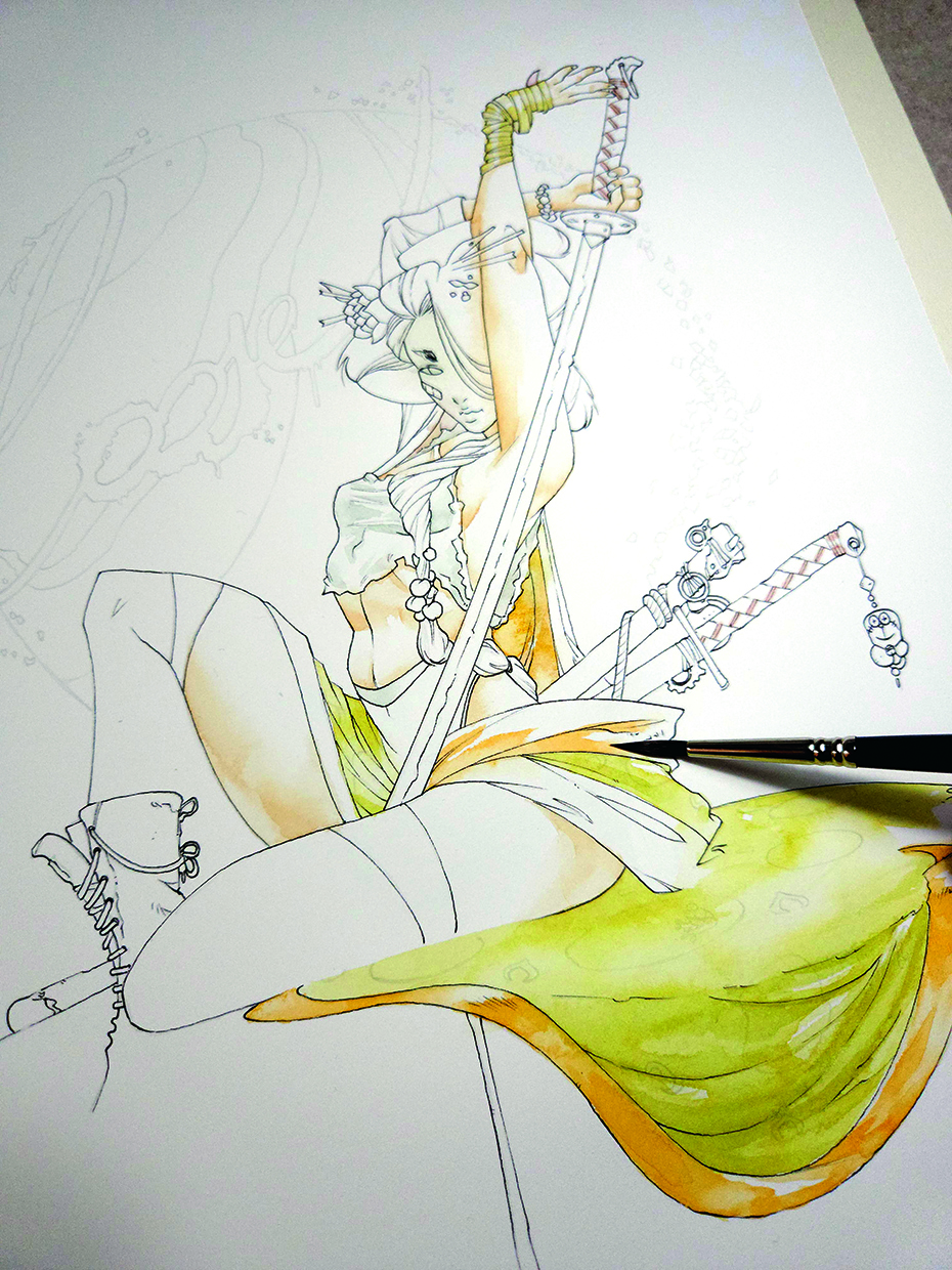 Watercolour geisha; painting inside pen outlines