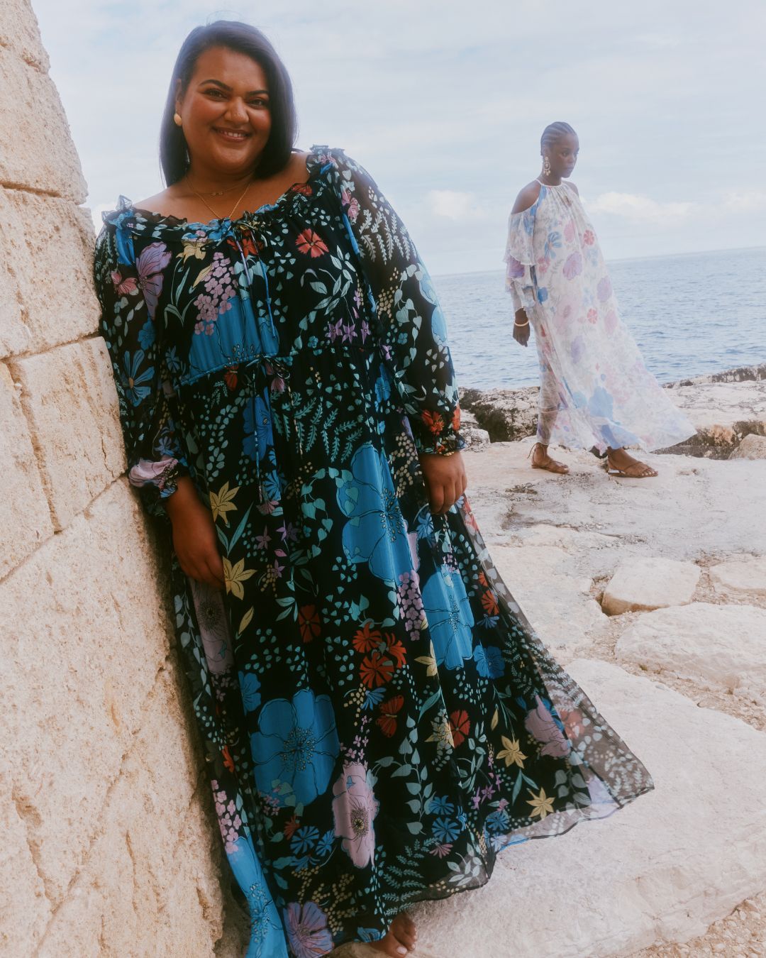 billie bhatia wears a floral dress from her rixo collection
