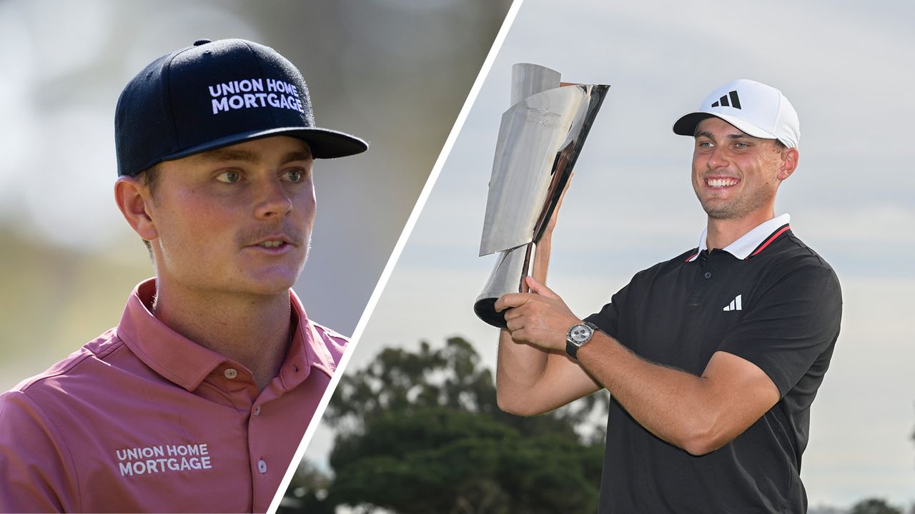 (Left) Luke Clanton looks on while Ludvig Aberg lifts the Genesis Invitational trophy (right)