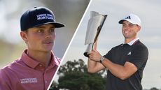 (Left) Luke Clanton looks on while Ludvig Aberg lifts the Genesis Invitational trophy (right)