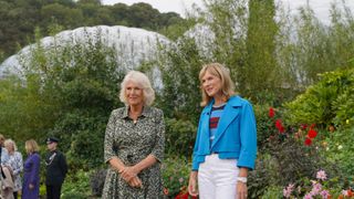 Queen Camilla with BBC presenter Fiona Bruce during her visit to the Antiques Roadshow at The Eden Project
