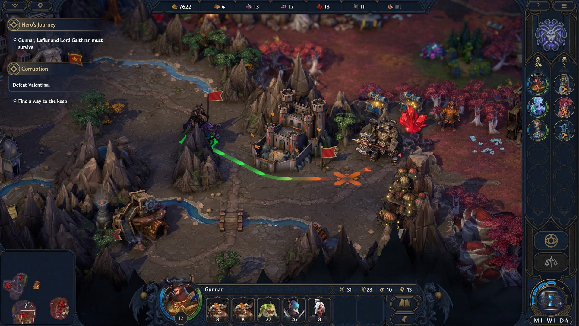 Plotting a route on the overworld in Heroes of Might and Magic: Olden Era towards a minotaur